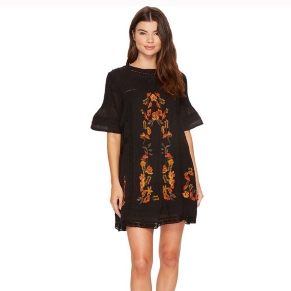 FREE PEOPLE PERFECTLY VICTORIAN EMBROIDERED FLORAL DRESS BLACK Boho Cottagecore